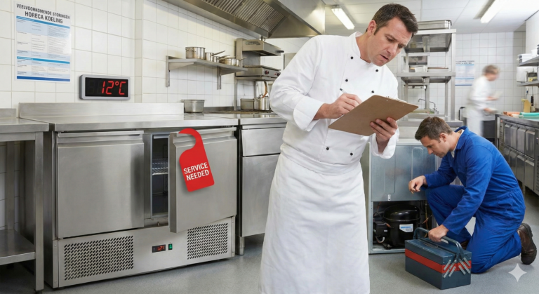 Veelvoorkomende storingen horeca koeling 1 Een realistische foto van een professionele keuken die het thema Veelvoorkomende storingen horeca koeling illustreert. Een chef-kok in wit uniform kijkt bezorgd op zijn klembord terwijl een monteur in een blauwe overall een defecte koelunit repareert waarvan het paneel openstaat. Aan de roestvrijstalen koelkast hangt een rood label met de tekst 'SERVICE NEEDED' en een digitale thermometer op de muur geeft een te hoge temperatuur van 12°C aan. Op de achtergrond hangt een poster met de titel 'Veelvoorkomende storingen horeca koeling