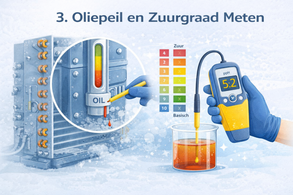 hoe verleng je de levensduur van een koelinstallatie? 6 Oliepeil en Zuurgraad Meten