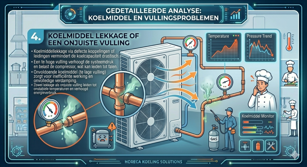 6 oorzaken van temperatuursschommelingen in horeca koeling 6 Koelmiddellekkage of een onjuiste vulling