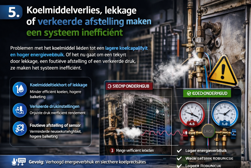 5. Koelmiddelverlies, lekkage of verkeerde afstelling maken een systeem inefficiënt