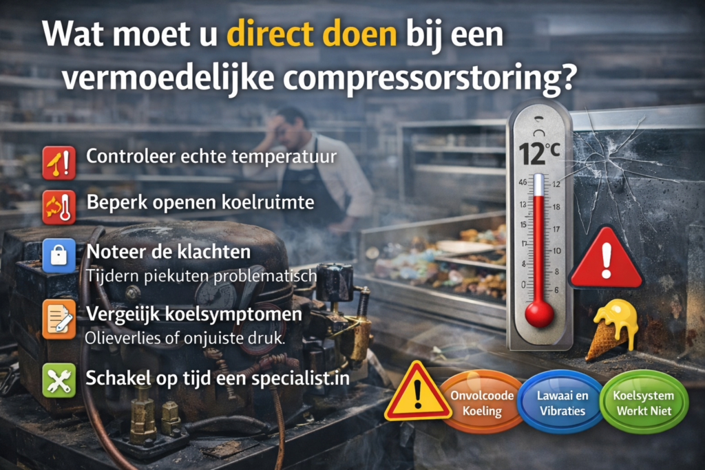 Wat moet u direct doen bij een vermoedelijke compressorstoring?
