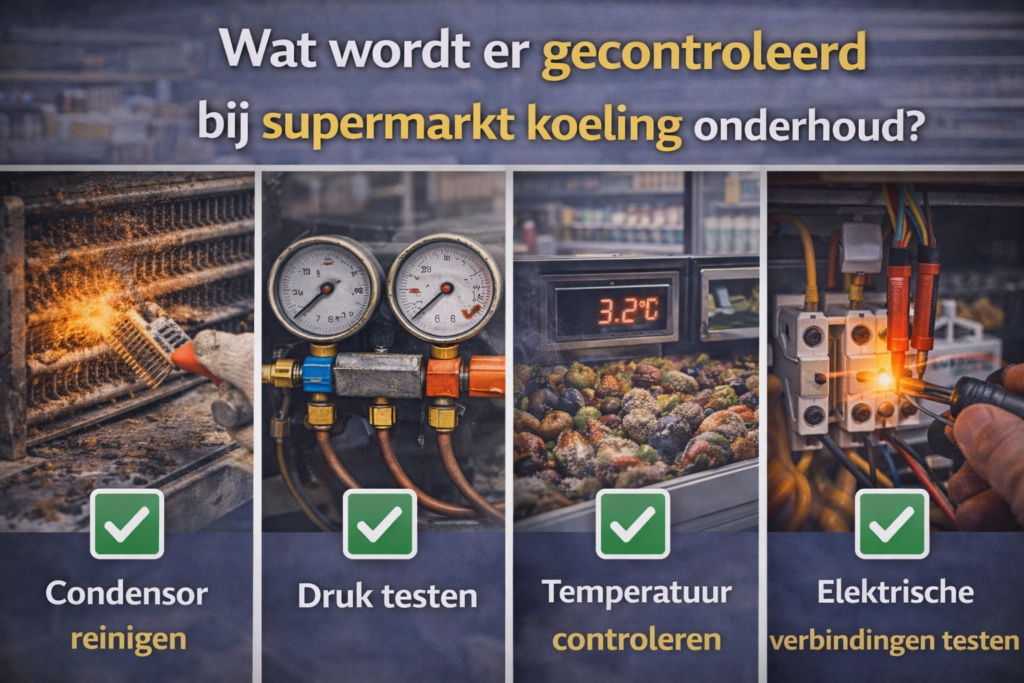 Wat wordt er gecontroleerd bij supermarkt koeling onderhoud?