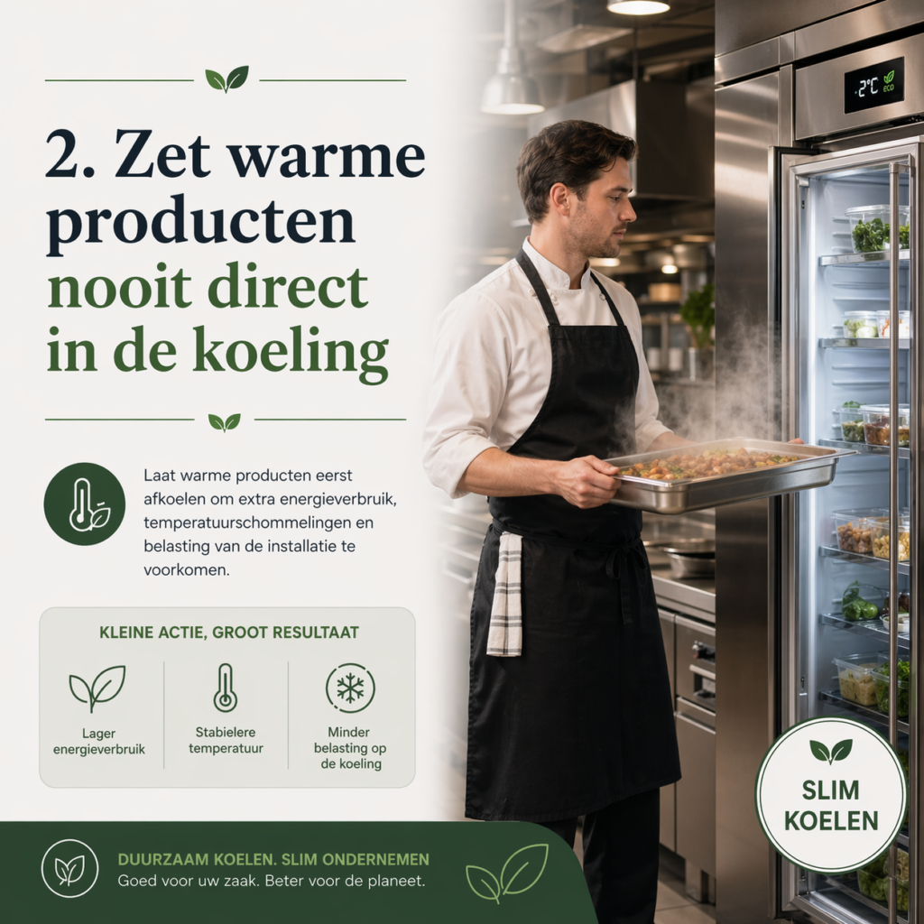 Zet warme producten nooit direct in de koeling