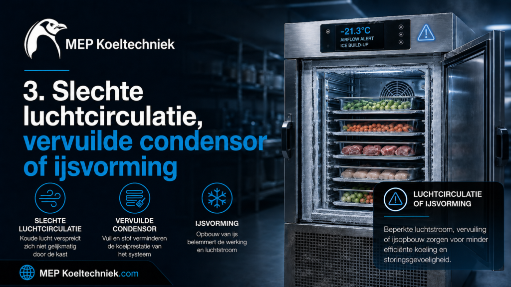 Slechte luchtcirculatie, vervuilde condensor of ijsvorming