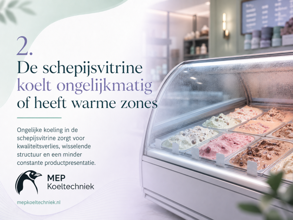 Schepijsvitrine storing 3 De schepijsvitrine koelt ongelijkmatig of heeft warme zones
