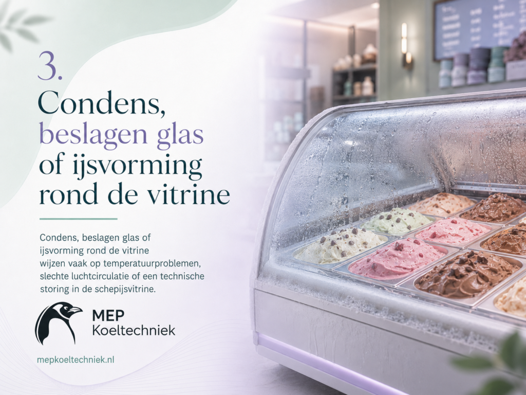Schepijsvitrine storing 4 Condens, beslagen glas of ijsvorming rond de vitrine
