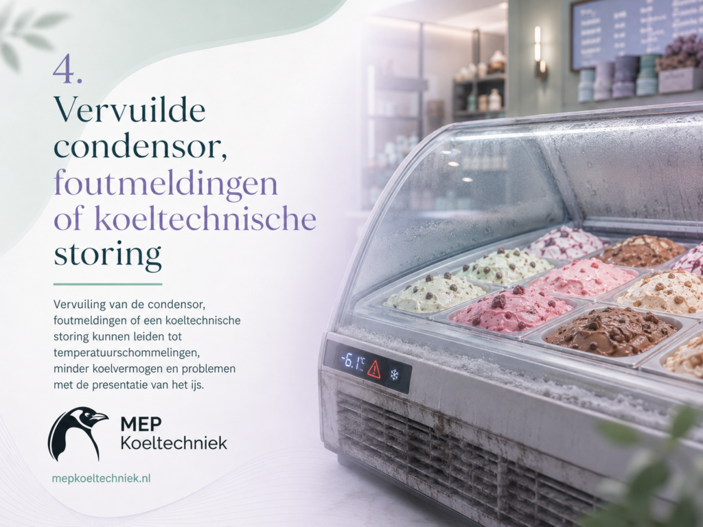 Schepijsvitrine storing 5 Vervuilde condensor, foutmeldingen of koeltechnische storing